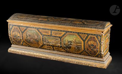 null A painted fir tree chest in the shape of a sarcophagus, decorated with coats...