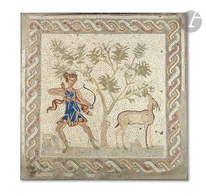 null Quadrangular mosaic representing Diana dressed in a short blue tunic shooting...