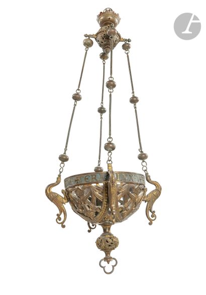 null A gilt and patinated bronze sanctuary lamp (worn), with an openwork decoration...