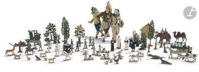 null Set of polychrome painted lead subjects including trees, haystack, characters,...