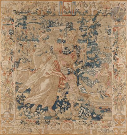 null Small panel of Brussels tapestries decorated with a couple embracing on a background...