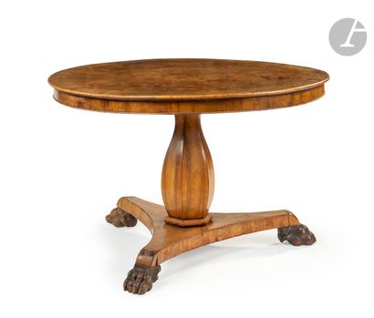 null Large walnut pedestal table, the circular top resting on a base with a shaft...