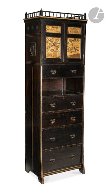 null Blackened and carved wood chiffonier with panels painted on a gold background...