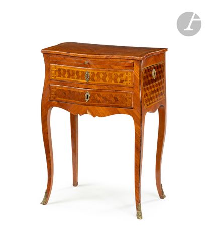 null Writing table in marquetry of cubes without bottom opening with two drawers...