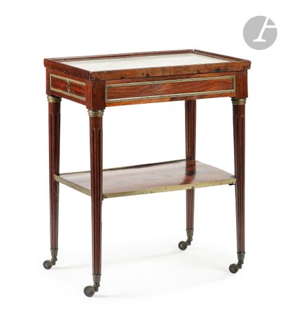 null 
Small rectangular mahogany table opening to a drawer on the side, the white...