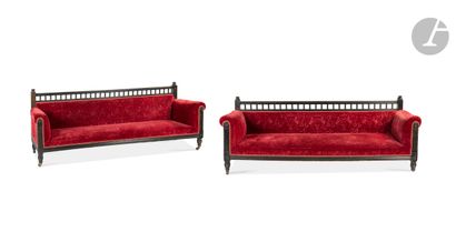 null Pair of large turned and blackened wood sofas, with balusters decoration, covered...
