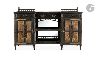 null A blackened wood sideboard with panels decorated with painted flowers on a gold...