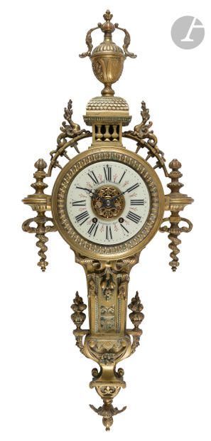 null Gilt bronze wall clock (worn) decorated in the Renaissance style with pinnacles,...