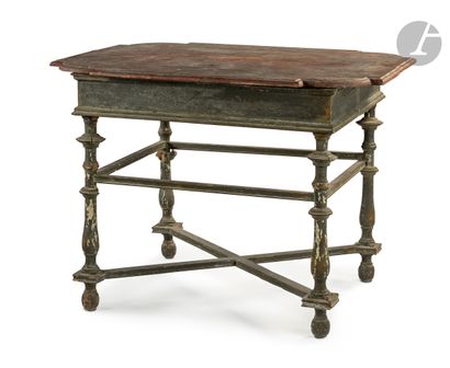 null A blackened wood table, the top with a recess in the corners painted in faux...