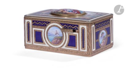 null A rectangular gilt brass and polychrome enamel singing bird music box decorated...