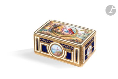 null A rectangular gilt brass and polychrome enamel singing bird music box decorated...