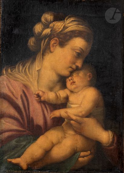 null École BOLONAISE du XVIIe siècle, 
entourage d’Annibale CARRACCI
Vierge à l’enfant
Toile
72 x 51,5 cm
Craquelures,...