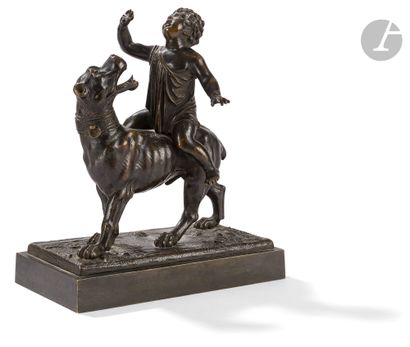 null French school of the 18th century
Bacchus child riding a dog 
Bronze with brown...