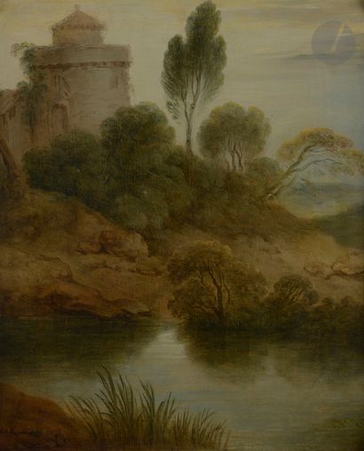  Jean Baptiste PATER (Valenciennes 1695 - Paris 1736) Paysage à la tour et au lac...