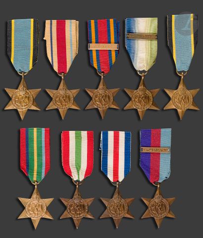 null Set of nine World War II commemorative decorations: 
Air crew star, Pacific...