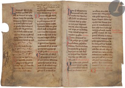 null [ENLUMINURE].
Quatre feuillets (2 bifeuillets) manuscrits extraits d’un missel...