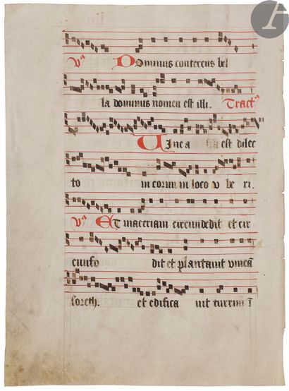 null [ENLUMINURE].
Feuillet manuscrit décoré extrait d’un antiphonaire (chants pour...
