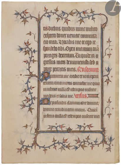 null [ENLUMINURE].
Feuillet manuscrit enluminé extrait d’un livre d’heures (Office...