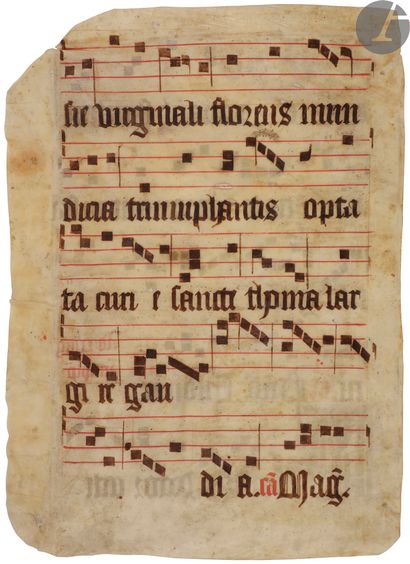 null [ENLUMINURE].
Trois feuillets manuscrits extraits de livres de chœur
En latin,...
