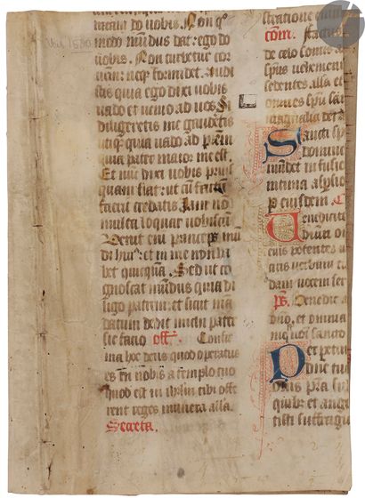 null [ENLUMINURE].
Bifeuillet manuscrit extrait d’un missel noté
En latin, feuillet...