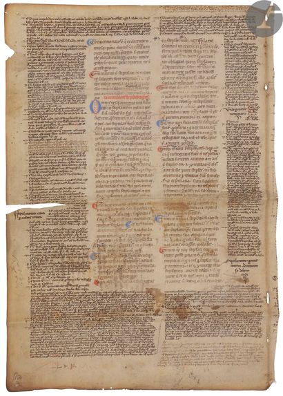 null [LAW]. JUSTINIAN].
Manuscript leaf from the Institutes of the Emperor JustinianIn
Latin,...