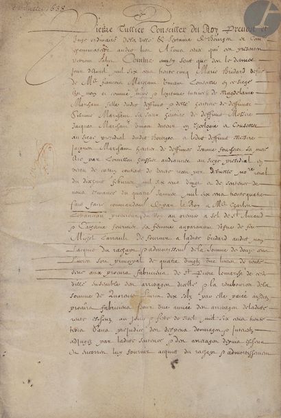 null [CHER]. BOURGES]. Deed of justice in favor of Marie Bridard, widow of François...