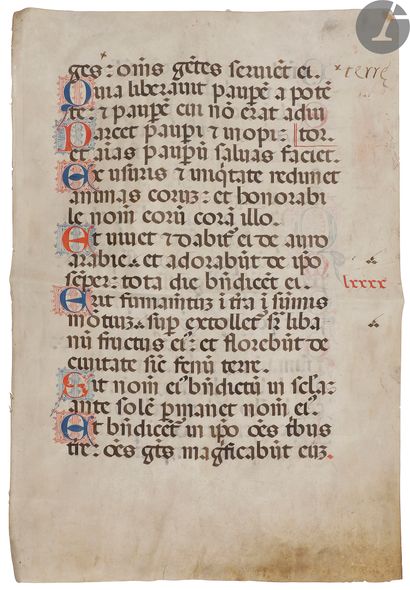 null [ENLUMINURE].
Feuillet manuscrit décoré extrait d’un psautier liturgique de...
