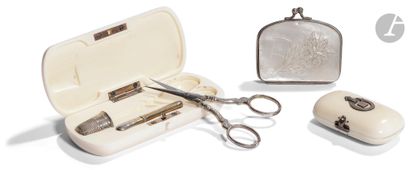 null Set of two mother-of-pearl and ivory sling holders and a vermeil sewing case...