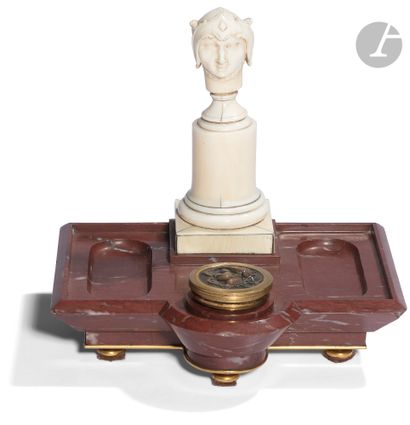 null Inkwell in Rosso Antico marble, carved ivory, patinated and gilded bronze, with...
