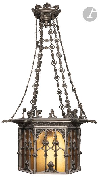 null Hexagonal lantern in patinated bronze and neo-Gothic tinted glass, decorated...