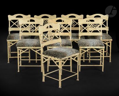 null Suite of eight painted wood and metal chairs with openwork backrest with crossbars...