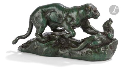 null Antoine-Louis Barye (1795 - 1875)
Panthère surprenant un zibeth 
Bronze à patine...