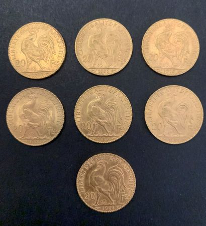 null 
7 pièces de 20 Francs en or. Type Coq. 1902 - 1905 - 1907 - 1908 (3) - 191...