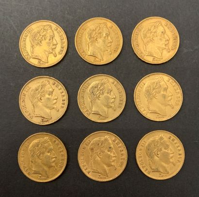 null 
9 pièces de 20 Francs en or. Type Napoléon III Lauré. 1866 BB (2) - 1867 BB...