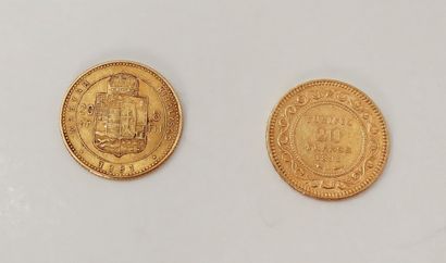 null 
Lot de 2 pièces étrangères en or :

- 1 pièce de 20 Francs en or. Tunisie.1891...