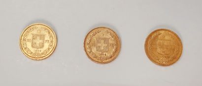 null 
3 pièces de 20 Francs suisses en or. Type Confédération. 1886 (2) - 1896 B...