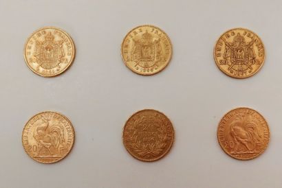null 
Lot de 6 pièces de 20 Francs en or dans un sachet numéroté 2017166.

- 3 pièces...