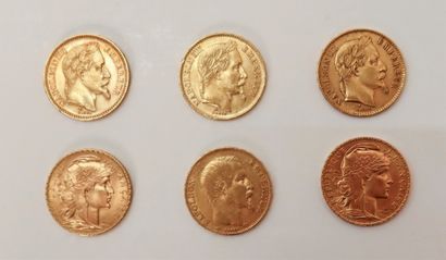 null 
Lot de 6 pièces de 20 Francs en or dans un sachet numéroté 2017166.

- 3 pièces...