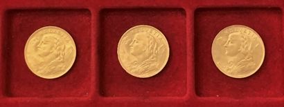 null 
3 pièces de 20 Francs suisses en or. 1935
