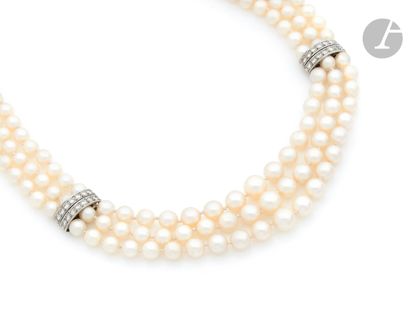 null Necklace of 3 rows of slightly falling cultured pearls punctuated by two 18K...