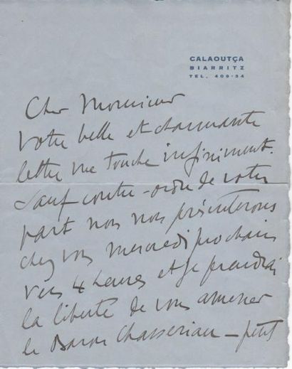 Sacha GUITRY L.A.S., Calaoutça, Biarritz [août 1935 ?, à M. Personnaz]; 2 pages et...