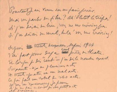 Sacha GUITRY Manuscrit autographe d'un discours en vers pour Le Roman d'un tricheur,...