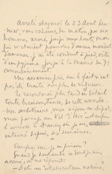 Sacha GUITRY [Ma défense]. Manuscrit autographe signé, Drancy 13 octobre 1944; [1]-29...