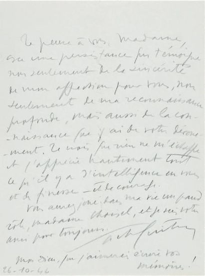 Sacha GUITRY L.A.S., [clinique de la rue Boissière] 26 octobre 1944, à Fernande Choisel,...