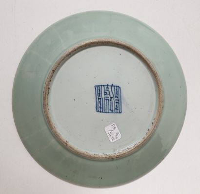 null CHINE, Canton, XIXe siècle
Paire d'assiettes en porcelaine céladon à décor polychrome...