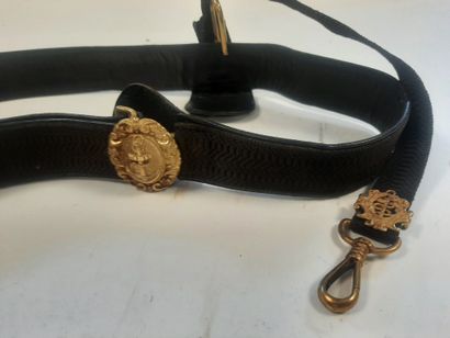 null Two belts:
- Navy officer's belt, black, with gilt brass anchor buckle.
- Health...