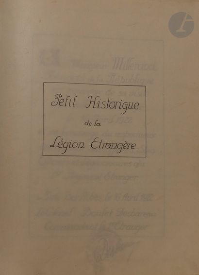null Recueil en maroquin fauve.
Historique de la Légion étrangère, avril 1922 Sidi...