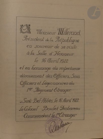 null Recueil en maroquin fauve.
Historique de la Légion étrangère, avril 1922 Sidi...