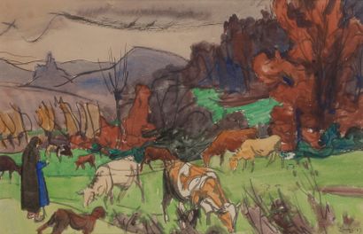 null Jules-Emile ZINGG (1882-1942)

Bergère et son troupeau, 1917

Encre et aquarelle.

Signée...
