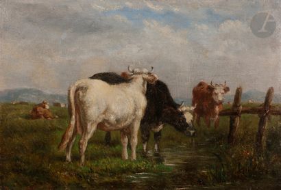 null École FRANÇAISE du XIXe siècle
Vaches au pré
Toile
21 x 33 cm
(Restaurations...